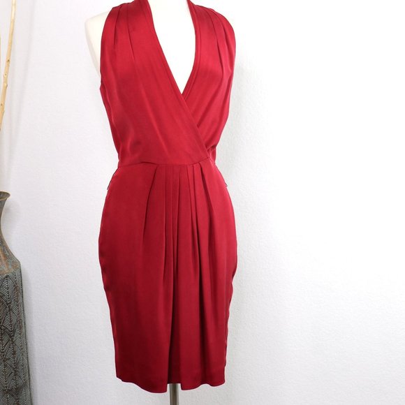 JONES NEW YORK Silk Dress Grecian V-Neck Wrap Bodice, Knee Length : Neon Red Sz - Picture 9 of 16